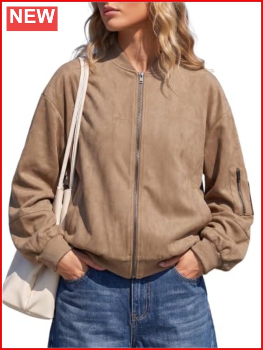 Faux Suede Bomber Jacket Zip Up Women Casual Oversized Coat